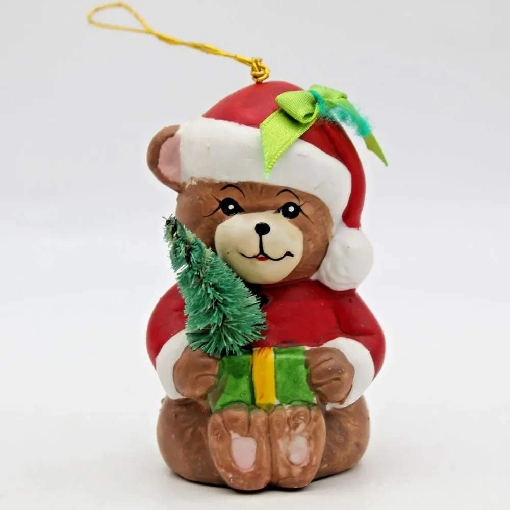 Holly Bells Porcelain Teddy Bear Bell Ornament Vintage 1986 Original Box b